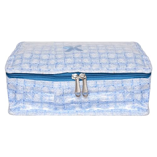 Image of Kuber Industries Makeup Storage Bag | Vanity Box for woman | Watch Organizer | Cosmetic Storage Kit | Makeup Kit with Handle | 6 Pouch Jewellery Storage Bag | Check-Design | Blue