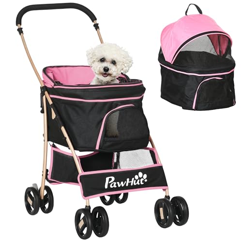 PawHut Carrello pieghevole 3 in 1 per cani di piccola taglia Cesto di immagazzinaggio Cinghie di sicurezza Cuscino rosa