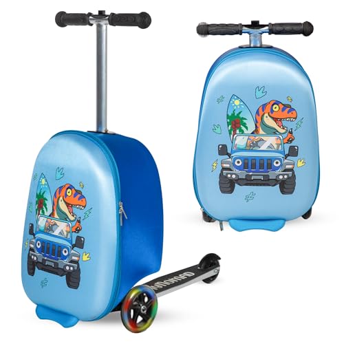 Dinosaur Ride-On Scooter Suitcase for Kids - Fun Travel Companion Luggage with Built-in Scooter, LED Wheels, and Carry-On Design for Boys Ages 5-12 - Foldable, Lightweight, Durable
