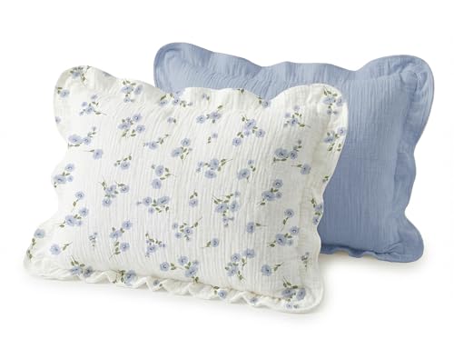 Image of Muslin Ruffled Toddler Pillowcases 13 inchx18 inch 2 Pack, Soft, Breathable Muslin Cotton Travel Pillow Covers with Envelope Closure for Baby Boys, Girls & Kids (Blue Meadow-Ruffled, 13 x 18 Inch)