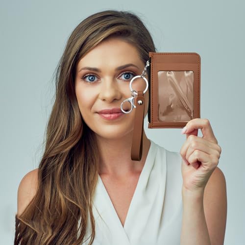 Slim Minimalist Front Pocket Wallet, PU Leather Credit Card Holder with Zipper, Keychain Wallet for Men & Women (Brown)