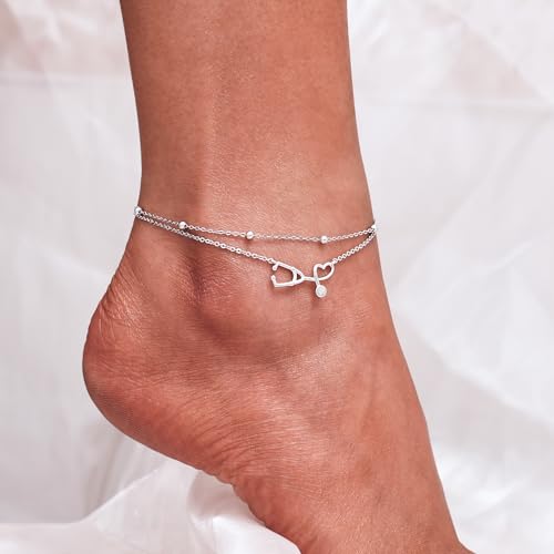 Image of CHIC & ARTSY 925 Sterling Silver Ankle Bracelets for Women, Adjustable Layered Foot Chains with Nature & Symbol Charms, Lightweight Comfort Fit Boho Beach Everyday Jewelry