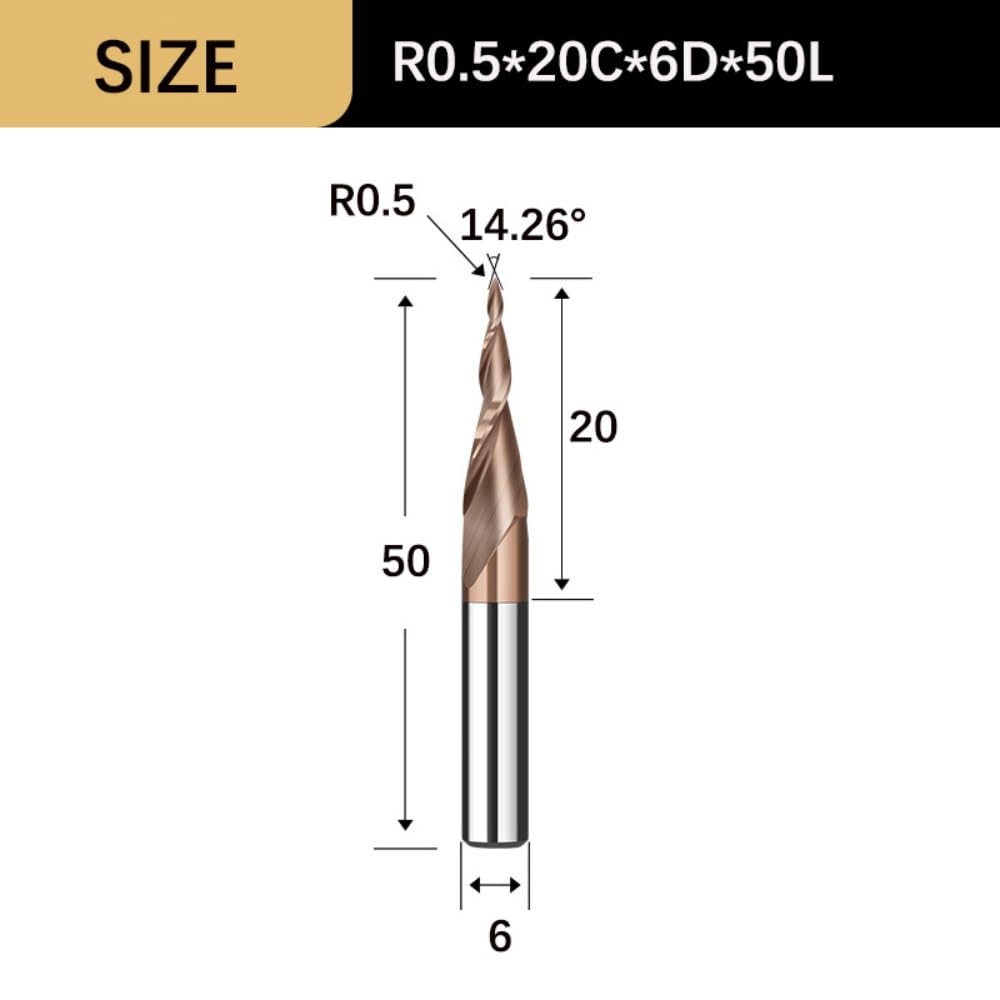 Frez stożkowy spiralny, frezy z końcówką kulistą 3,175/4/6 mm, frez z 2 rowkami z węglika wolframu do obróbki metalu i drewna, 1 szt.(R0.5x20Cx6Dx50L)