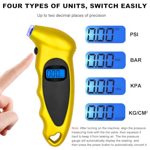 Image of KVAEY Digital Tire Pressure Gauge, 150 PSI 4 Settings Accurate Tire Gauge with Non-Slip Grip, Backlight LCD Tire Pressure Gauge Reader Checker Tool for Car Truck Bicycle Motorcycle (Yellow)