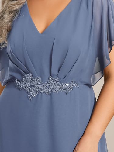 Image of Ever-Pretty Plus Women's V Neck Applique Plus Size Wedding Guest Dress Short Sleeves Maxi Formal Dresses Dusty Navy US20