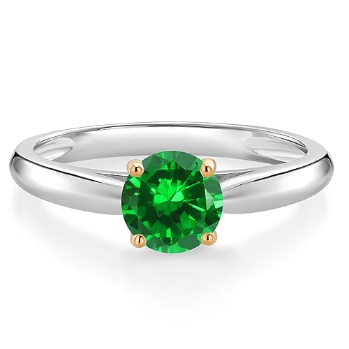 Gem Stone King 1.00 Ct Round Green Created Emerald 10K White and Yellow Gold Solitaire Engagement Ring