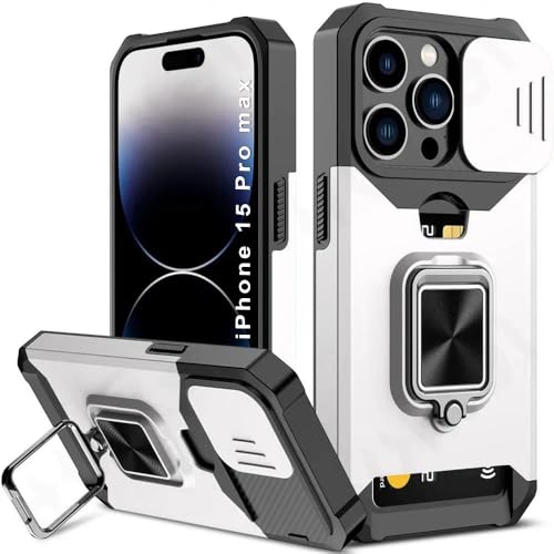 Image of LuxuryKase Shockproof Armor Case for iPhone 15 Pro Max | Slide Camera Cover | Hidden Card Slot | Rotating Ring Kickstand | Magnetic Car Mount Support | Military Grade Protection - White