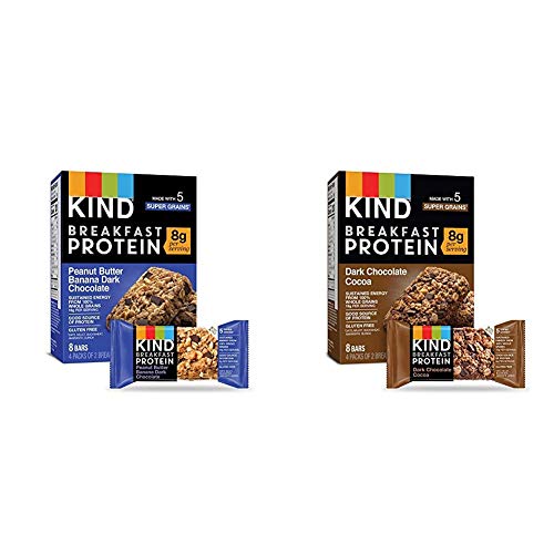 KIND Breakfast Protein Bars, Peanut Butter Banana, Gluten Free, Non GMO, 1.76oz, 32 Count & Breakfast Protein Bars, Dark Chocolate Cocoa, Gluten Free, 1.76oz, 32 Count