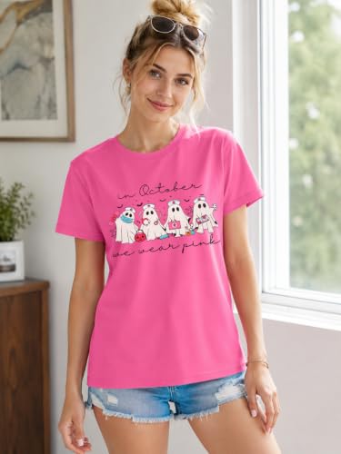 Image of Breast Cancer Shirts for Women Pink Ribbon Shirt Breast Cancer Survivor Tee | Pink Breast Cancer Shirt In October We Wear Pink Tee Breast Cancer Awareness Shirts Halloween Ghost Graphic Short Sleeve Top
