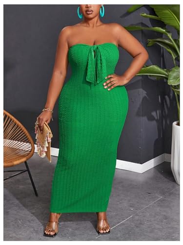 Image of WDIRARA Women's Plus Size Strapless Sleeveless Tie Front Bodycon Dress Party Club Tube Dresses