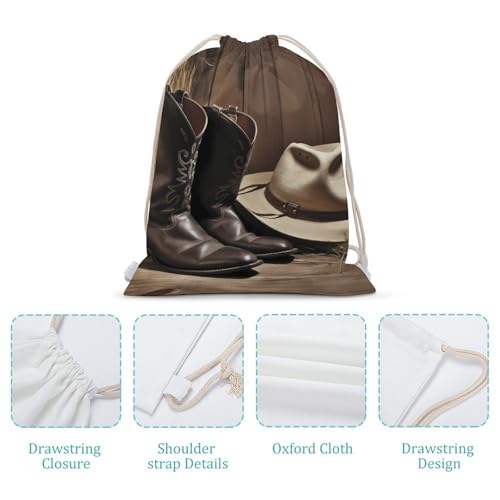 Drawstring Backpack Gym Bag Cowboy Black Hat Western Boots Cinch Sackpack Waterproof Beach Bag for Women Men4
