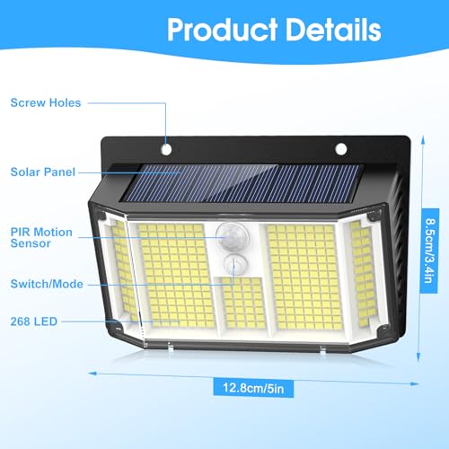 Solar Security Lights, 268 LED Outdoor Solar Lights 3 Modes Motion Sensor Garden Lights 270° Wide Angle Solar Powered Lights IP65 Waterproof Solar Wall Light Outside for Front Door Yard Garage, 2 Pack - Image 3