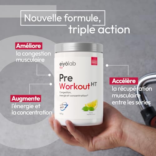 PRE WORKOUT HT | Booster Musculation sans Créatine | 3g de Bêta-Alanine + 3g d'Arginine + 4g de Citrulline + 200mg de Caféine + S7 | Énergie + Congestion Musculaire | 500g | Menthe Citron | Eiyolab – Image 3