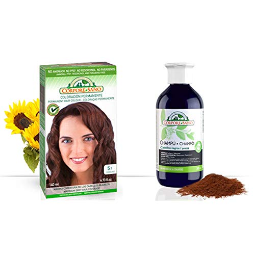 Pack Coloracion CHOCOLATE 5.7 Permanente 140ml + Champu Henna NEGRO 300ml - Tinte sin amoníaco, resorcinol ni parabenos. Los champús a la Henna potencian la durabilidad del color