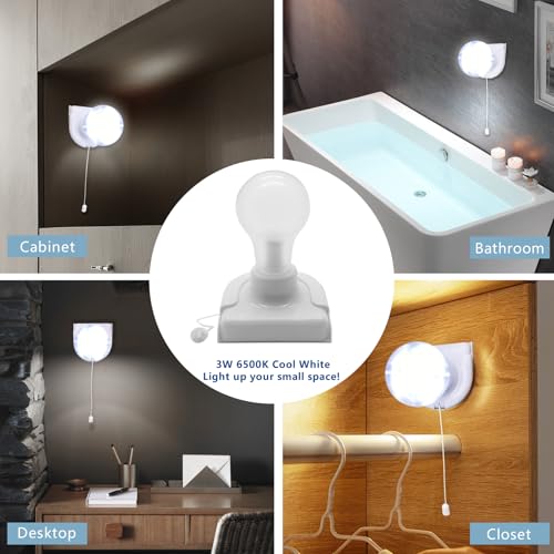 Image of Battery Operated Light Bulb with Pull Chain, 2 Pack Wireless Stick-Up LED Closet Light Bulb, Self Adhesive Wall Mounted Light Fixture for Cabinet Bedroom Living Room Kitchen, Clear Cover