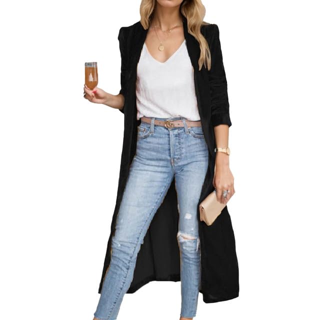 Women's Velvet Long Blazer Jackets Lapel Open Front Maxi Coats Business Casual Duster Cardigan Outwear for Women