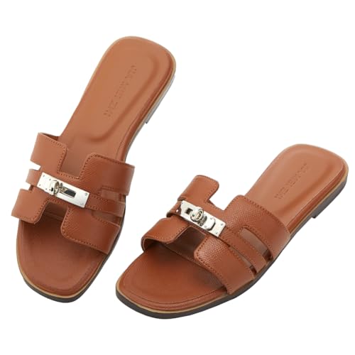 Women's Flat Sandals Casual Slip On H-Band Slippers for Women Leather Dressy Square Open Toe Summer Beach Vacations Slides Sandals