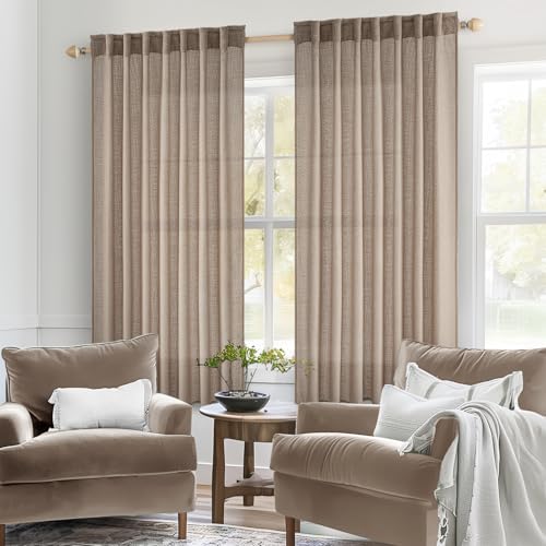 MIULEE Taupe Short Linen Curtains 45 Inch Length 2 Panels for Kitchen Bedroom Bathroom, Soft Thick Linen Textured Basement Window Drapes Semi Sheer Light Filtering Back Tab Burlap Look Decor
