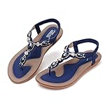 SHIBEVER Sandales plates pour femme habillées : sandales plates d'été confortables, 97 Bleu marine, 39 EU