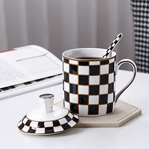 Porlien Checker Pattern Mug Set Of 2 With Lid And Spoon, 15Oz, Matching Checker Dinnerware Set #TOP1