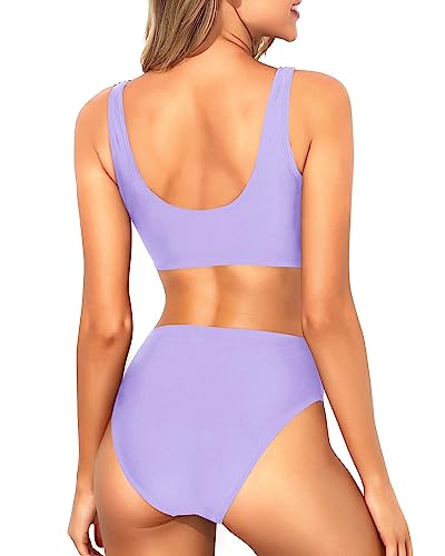 Image of Tempt Me Women Two Piece Scoop Neck Bikini Crop Top High Cut Swimsuit Sporty High Waisted Bathing Suit with Bottoms