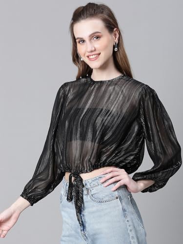 Image of oxolloxo Women Animal Print Round Neck Long Sleeve Elasticated Tie-Up Crop Top