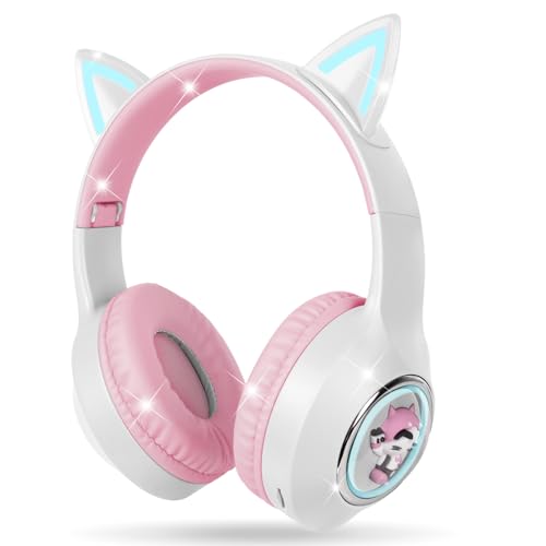 AXFEE Casque Audio Bluetooth sans Fil pour Enfants, Casque Cat Pliable avec LED Flash Lumières Glow, Casque Bluetooth 5.3 pour Enfants, sans Fil/Filaire, pour Ecole, Tablette, Téléphone(Blanc)