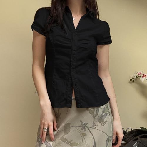 Image of Y2k Girls Vintage Coquette Button Down Shirt Women Short Sleeve V-Neck Slim Fitted T-Shirt Cute Blouse Crop Top