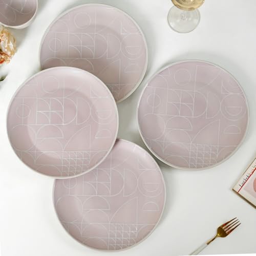 Image of Nestasia Ceramic Set of 4 Dinner Plates (10 Inch Each) - Microwave & Dishwasher Safe Full Plates with Geometric Pattern - Perfect for Home, Kitchen, Dining & Gifting (Mauve Matte Finish)