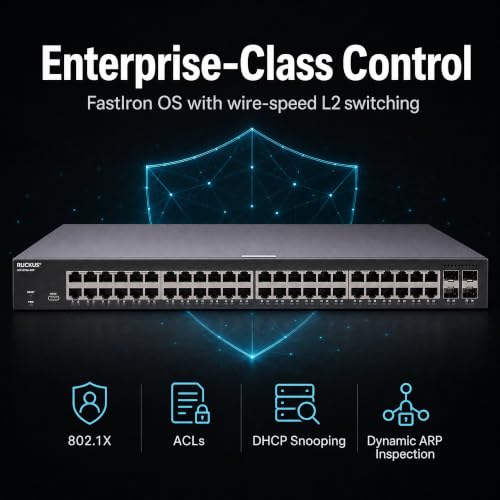 Image of Ruckus ICX8100-48P Managed Switch, 48x Gigabit PoE+, 4x 1GbE SFP Uplinks, 370W PoE Budget - Enterprise Layer 2 Access Switch, No Licensing Required