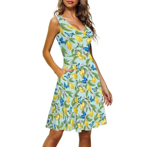 Image of Women Stylish Tank Dresses Sleeveless Round Neck Midi Casual Dress with Pocket for Summer