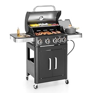 MFSTUDIO 4 Burners Propane Gas Grill with Griddle Plate, 2 in 1 Griddle Grill with Side Burner and Porcelain-Enameled Cast Iron Grates, 46,700 BTU Outdoor Cooking Barbecue Grill, Black MFSTUDIO 4 Burners Propane Gas Grill with Griddle Plate 2 in 1 Griddle Grill with Side Burner and Porcelain Enameled Cast Iron Grates 46700 BTU Outdoor Cooking Barbecue Grill Black