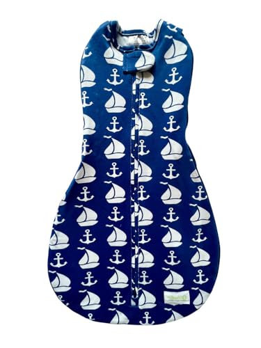Image of Woombie Grow with Me Baby Swaddle - Convertible Self-Soothing Swaddle Fits Babies 0-18 Months - Expands to Hands-Free, Legs-Out Wearable Blanket - Nautical Navy