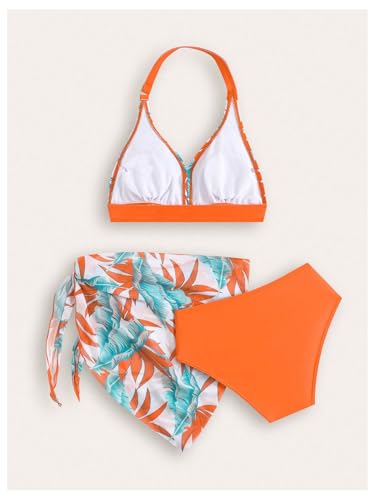 OYOANGLE Girl's 3 Piece Swimsuit Tropical Print Halter Bikini Set with Sarong Cover Up2