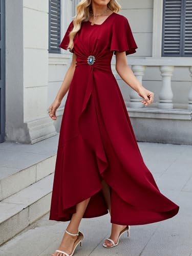 Image of QMZ Wedding Guest Dresses for Women V Neck Cocktail Dress Ruffle Sleeve A Line Evening Party Formal Dresses for Women