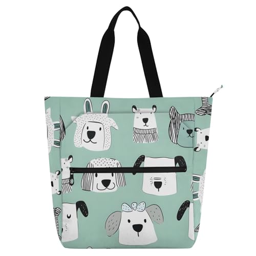 Cute Dog Stick Figure Tote Bag for Book Lovers Reusable Bags with Zipper Pocket for School Work Shopping