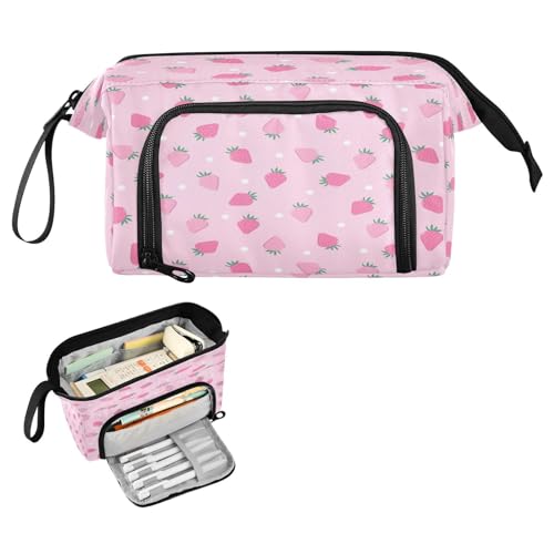 Image of Portable Pencil Case Pen Bag with Zipper, Pink Strawberry Polka Dot Large Pencil Pouch Pen Case Stationery Bag for Office School Student, Multifunctional Pen Box for Girl Boy Men Women