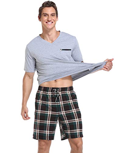 Vlazom Men's Pajama Sets Soft 2 Piece Pj's Set Short Sleeve Cotton Top and Plaid Pants for Loungewear Sleepwear with Pockets3