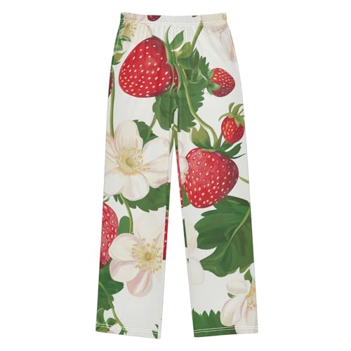 Strawberry with Florals Boys Long Pants Soft Trousers Elastic Waist Kids Lounge Bottoms with Pockets S-XL
