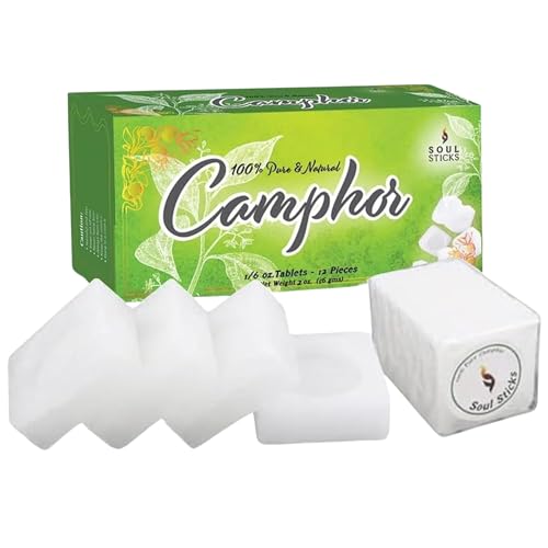 SOUL STICKS Natural Camphor Blocks Pure Camphor Tablets for Aromatherapy & Puja - Alcanfor en Bloques Alcanfor en Bolitas Kapoor for Pooja (56 Grams (12 Tablets))