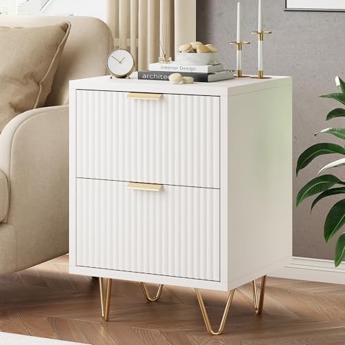 HYNHXBP Lot de 2 Tables de Chevet, Tables de Nuit Blanche au Design Moderne avec 2 Tiroirs et Pieds Robustes, Motif Ondulé Élégant, Idéales pour Chambre,...