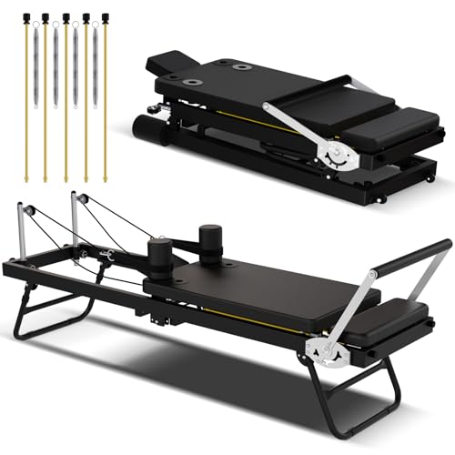 Foldable Pilates Reformer Machine, Portable Pilates Reformer Equpment with Latex Tubes & Springs for Home Workout, Easy Storage and Movement, Maximum Load 400 LBS