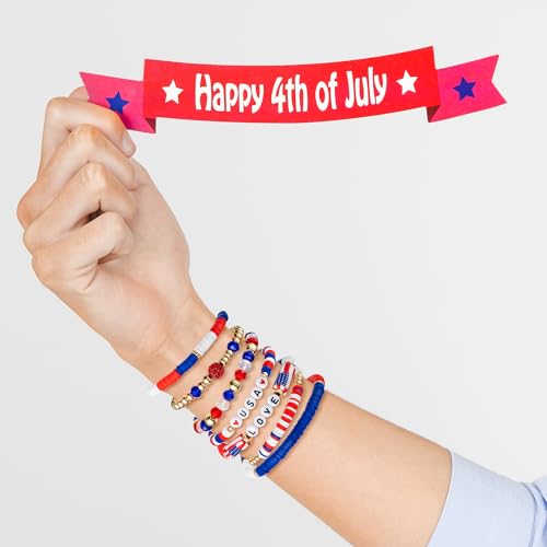 Y1tvei American Flag Bracelet for Women - 4th of July Accessories Chains Red White and Blue Clay Beaded Stretch Bracelet Preppy American Patriotic USA Love Flag Stretchable Jewelry Gifts for Women Men4