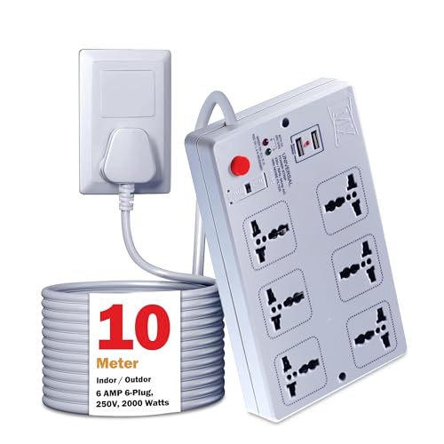 Image of MX 6-Outlet Power Strip with 2 USB Ports, Universal Socket, 10 m Extension Cord, International Sockets, Master Switch, Multi-Plug Extension Board for Home & Office(5V 2400mA)