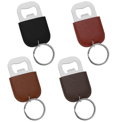 SZYILIDA 4 Pcs Stainless Steel & Leather Bottle Opener Keyring, Beer Bottle Opener with Keyrings, for Men Women Gifts, Home Kitchen Restaurant Party