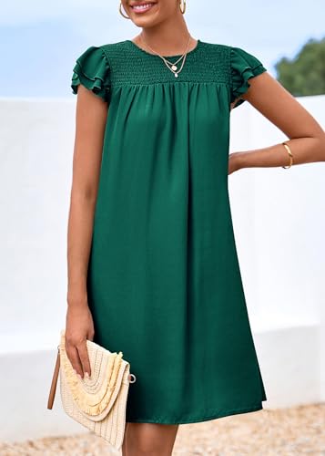 Image of KIRUNDO Wedding Guest Shift Dresses for Women Short Spring Summer Ruffle Cap Sleeve Chiffon Babydoll Flowy Mini Sundress(Dark Green, Small)