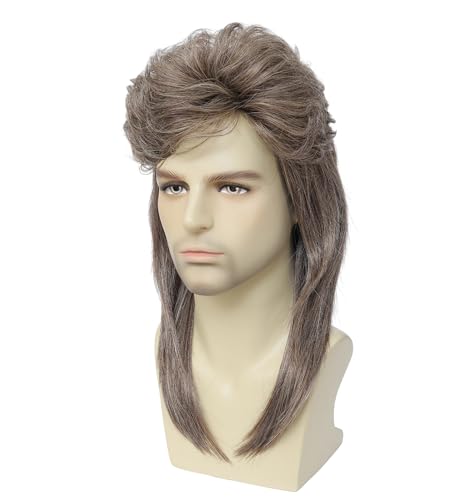 Image of 80s Mullet Wig for Men - Retro 70s 80s Disco Rocker Curly Punk Fancy Dress Halloween Cosplay Costume Wig (Light Brown)