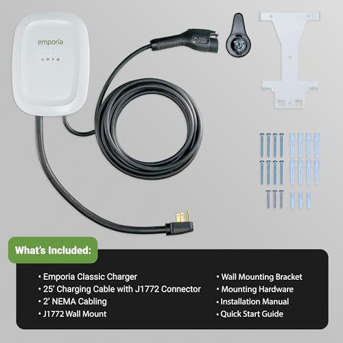 EMPORIA Level 2 EV Charger - NEMA 14-50 EVSE w/ J1772 Connector - 48 amp EV Charger Level 2, 240v WiFi Enabled Electric Vehicle Charging Station, 25ft Cable, White
