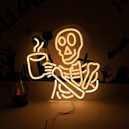 Coffee Skeleton Neon Sign for Wall Decor,Halloween Neon Light Sign Skull Lamp for Halloween Party Decorations