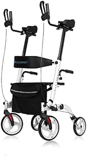 ELENKER Upright Walker, Stand Up Folding Rollator Walker Back Erect Rolling Mobility Walking Aid with Seat, Padded Armrests for Seniors and Adults, White